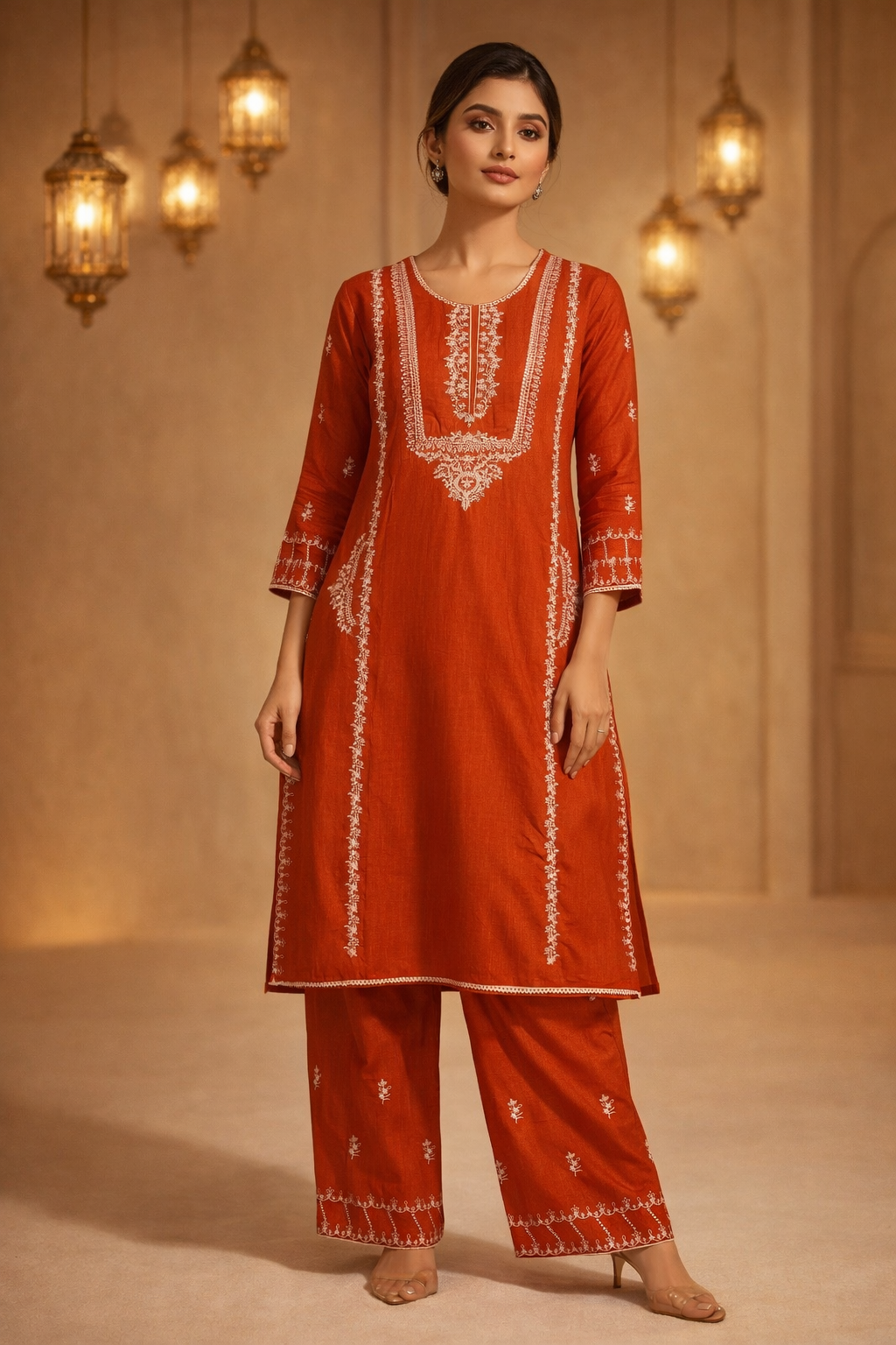 Pure Cotton Kamiz and Pant 2 Pcs Set (Burnt Orange)